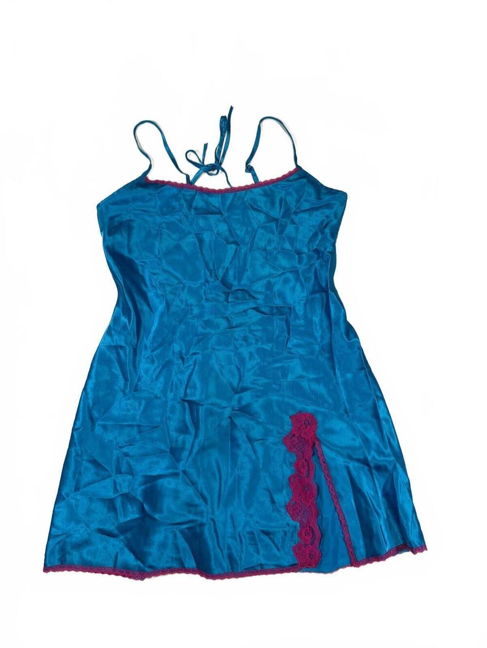 Y2K Fem Blue Cami Slip With Pink Lace Slit Size M